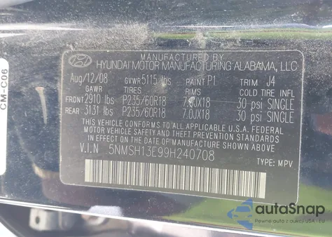 2009 Hyundai Santa Fe Se из США, поврежденный, VIN 5NMSH13E99H240708